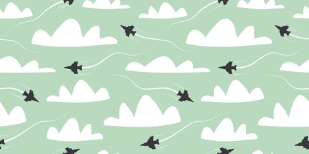 Seamless pattern. Planes in the air.Web site page and mobile app design element.Air traffic silhouette.Air travel.Airplane routes.Vector illustration.のイラスト素材