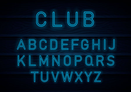 Light Neon Font Alphabet Vector.Bright blue lamp electric illuminated decoration, retro vintage advertising illustration. City blue font. Alphabet font. Vector illustration.のイラスト素材
