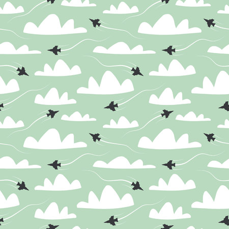 Seamless pattern. Planes in the air.Web site page and mobile app design element.Air traffic silhouette.Air travel.Airplane routes.Vector illustration.のイラスト素材