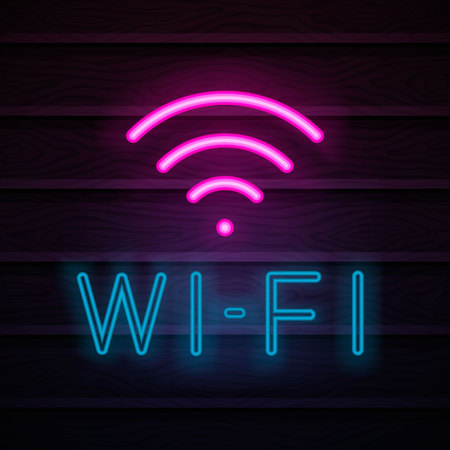 Wi-fi neon sign. Night bright advertisement. Vector illustration in neon style for cafe and connection. Vector illustration in neon style.のイラスト素材