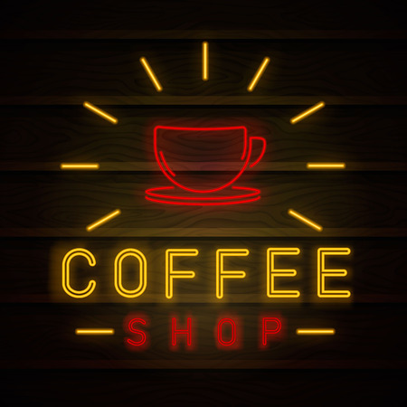 Coffee Shop Neon Light Glowing Sign Logo Vector. Cafe neon sign on brick wall. Coffee timeのイラスト素材