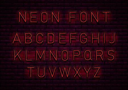 Neon red font. Voltage neon light alphabet, realistic extra glowing font with brick wall background. Vector typeface for your headers or any typography design.のイラスト素材