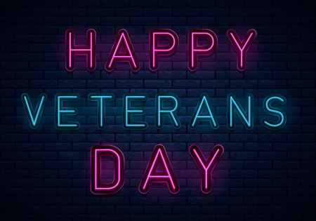 USA Veterans day background neon, greeting card in neon style, design template, light banner,nightlife signboard, design element.のイラスト素材