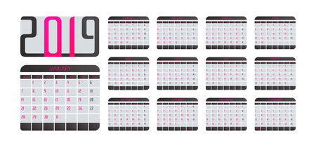 Calendar for 2019 pastel background. Set of 12 pages desk calendar. Vector design printing template. Week starts on Monday.のイラスト素材