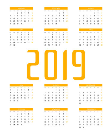 Calendar 2019 Trendy Minimalist Style. Black and white vector template. Pocket square calender.のイラスト素材