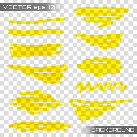 Highlight brush underline hand drawn strokes set. Creative vector illustration of stain strokes, hand drawn yellow highlight japan marker lines, brushes stripes isolated on transparent background.のイラスト素材