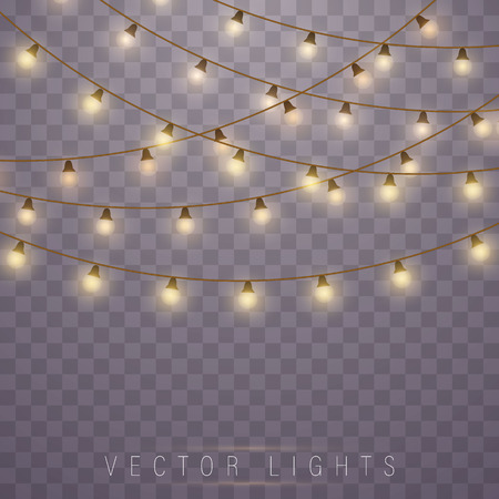 Christmas lights isolated on transparent background. Led neon lamp. Glowing lights for Xmas Holiday cards, banners, posters, web design. Garlands decorations.のイラスト素材