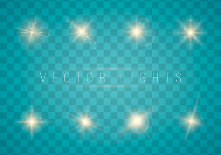 Glow isolated white transparent light effect set, lens flare, explosion, glitter, line, sun flash, spark and stars.のイラスト素材