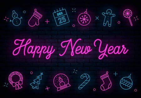 Happy New Year Blue neon. Lettering neon sign. Light Banner. Vector illustration. Concept of holiday card with glowing text.のイラスト素材