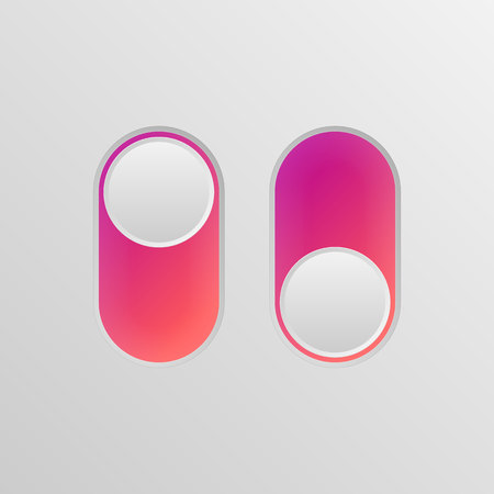Flat icon colorful switchers onoff isolated on white background. Toggle switch icon, blue in on position, grey in off. Template for mobile and web applications. Vector 3d illustration.のイラスト素材