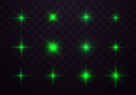 Green horizontal lens flares pack. Vector green glowing lights on transparent background. Spark, star burst, flash. Transparent shining sun, bright flash.のイラスト素材