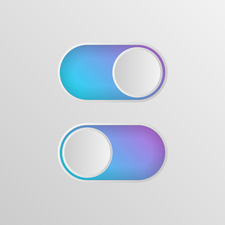 Flat icon colorful switchers onoff isolated on white background. Toggle switch icon, blue in on position, grey in off. Template for mobile and web applications. Vector 3d illustration.のイラスト素材