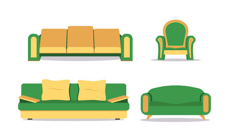 Sofa colored vector set. Collection of sofa illustration. Comfortable couch collection isolated on white background for interior design.のイラスト素材