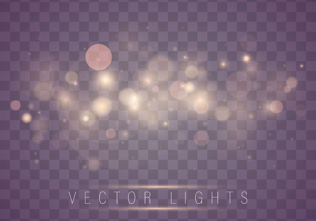 Light abstract glowing bokeh lights. Bokeh lights effect isolated on transparent background. Festive purple and golden luminous background. Christmas concept.のイラスト素材