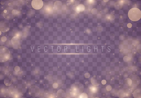 Light abstract glowing bokeh lights. Bokeh lights effect isolated on transparent background. Festive purple and golden luminous background. Christmas concept.のイラスト素材