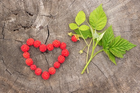 Raspberries berry heart shape and branch with berry leaves on old cracked stump, concept love raspberries summer, top viewの写真素材