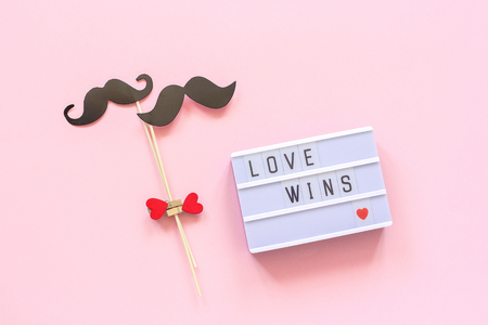 Lightbox with text Love wins and couple paper mustache props on pink background. Concept Homosexuality gay love National Day Against Homophobia or International Gay Day Top view Greeting cardの写真素材