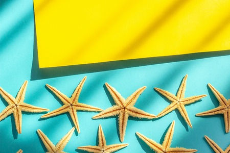 Abstract marine sea background. Yellow and blue paper background with starfishes, hard light and shadow. Concept Creative flat lay Top view Copy space.の写真素材