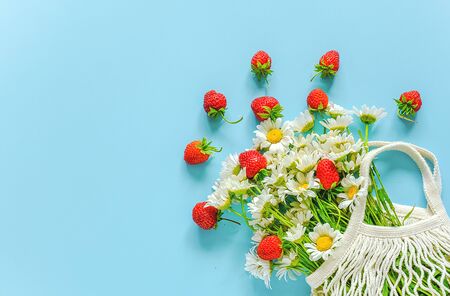 Bouquet of field daisies in reusable shopping eco mesh bag and red strawberries on blue background. Concept no plastic and zero waste. Copy space Top view .の写真素材