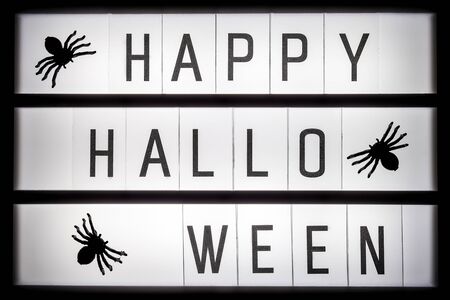 Glowing lightbox with text Happy halloween and spiders, closeup. Halloween concept, Top view, Flat lay, Template for greeting card.の写真素材