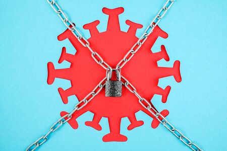 Abstract red coronavirus, virus, bacterium, bacillus or microbe chained and locked. Concept Stop Covid-19, contagion, infection disease.の写真素材