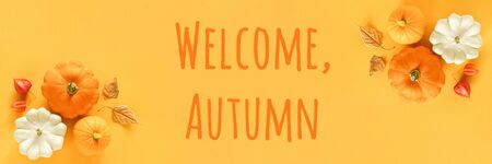 Welcome Autumn text and fall composition made from pattison, squash, pumpkin and yellow leaves herbarium on orange background. Top view Flat lay Banner.の写真素材