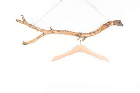One hanger on a thick wooden stick, great design for any purposes. Concept Eco-Friendly Homes or Season sale. Front view.の写真素材
