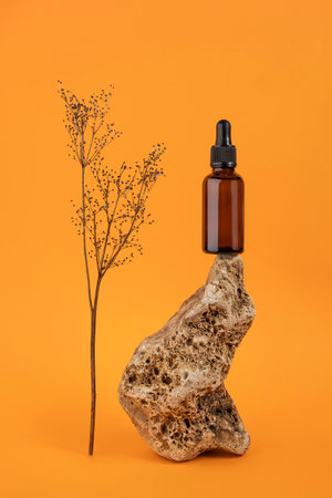 Serum or essential oil in brown glass bottle with pipette on stone and dried flowers on orange background. Natural Organic Spa Cosmetic concept Front view.の写真素材