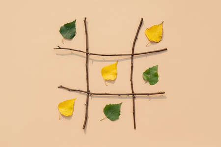 Creative autumn concept. Tic-tac-toe, noughts and crosses between summer and autumn. Green and yellow leaves in grid made from branches. Fall is the winner. Top view Flat lay.の写真素材