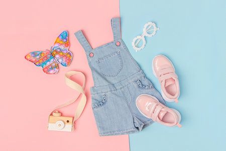Stylish summer set of child clothes. Denim jumpsuit, pink sneakers and accessories on a pink blue background. Fashion girl lookbook concept. Top view flat lay.の写真素材