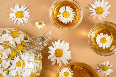 Chamomile tea. Cups of herbal tea, transparent teapot with camomile flowers on brown background. Calming drink concept. trendy still life.の写真素材