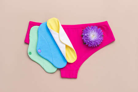 Bamboo charcoal washable sanitary napkins. Eco reusable menstrual pads and underpants on beige...