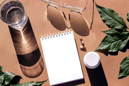 Empty notepad, pills, glass of water and eyeglasses on brown background with green leaves. creative mockup. Top view, flat lay, Still life.の写真素材