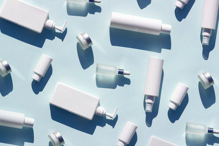 Pattern made with white bottles and jars of cosmetic products and strong shadow on blue background, as backdrop or texture. Creative layout for your design.の写真素材