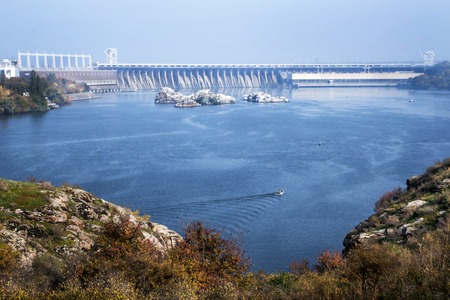 View of the hydroelectric power plant across the river from the island Khortytsyaの写真素材