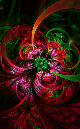 Multicolored symmetrical fractal pattern as flower or butterfly in stained-glass window style. Computer generated graphics.の写真素材