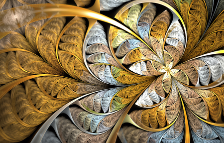 Multicolored symmetrical fractal pattern as flower or butterfly in stained-glass window style. Computer generated graphics.の写真素材