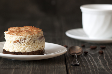Tiramisu cake on a white saucer and a cup of black coffeeの写真素材