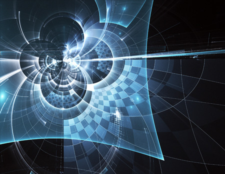 Abstract future technology background - computer-generated 3D image. Fractal art: glass room or street of surreal city with light effects. Hi-tech or virtual reality concept.の写真素材