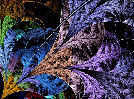 Multicolored symmetrical fractal pattern as flower or butterfly in stained-glass window style. Computer generated graphics.の写真素材