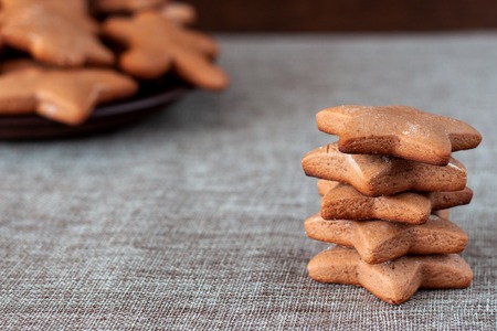 Close up of baked gingerbread cookies for Christmasの写真素材