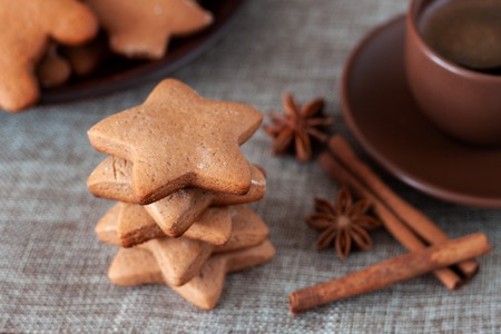 Close up of baked gingerbread cookies for Christmasの写真素材