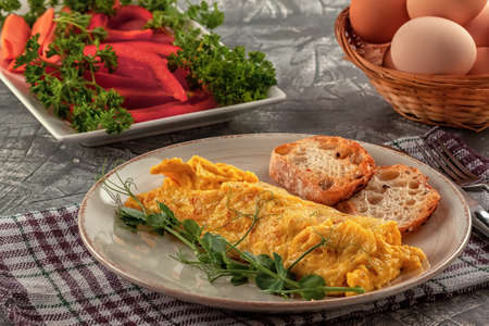 Delicious Egg Omelet with Vegetables on the Plateの写真素材