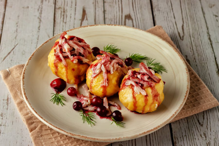 Swedish potato dumplings with cranberry sauce on a light background