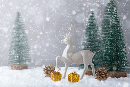 Christmas presents, Christmas deer, Christmas tree and snow. Christmas background.の写真素材
