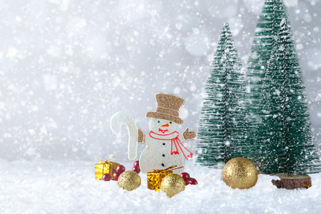Snowman, Christmas tree and snow. Christmas background.