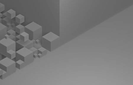 Abstract 3d rendering of geometric shapes. Dark background with gray cubes.の写真素材