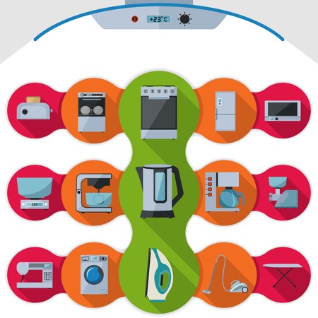 Set of icons of home appliances on the colored padsのイラスト素材