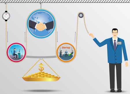 Business lifting mechanism of money. The three elements of the system are connected to the roller lifting unit. Every element shows the important aspects of the business. Business infographics. embedded brush cord and chainのイラスト素材