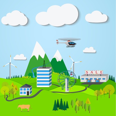 Mountain landscape with the town, windmills, trees, mountain waterfall under a cloudy sky. Vector illustration.のイラスト素材